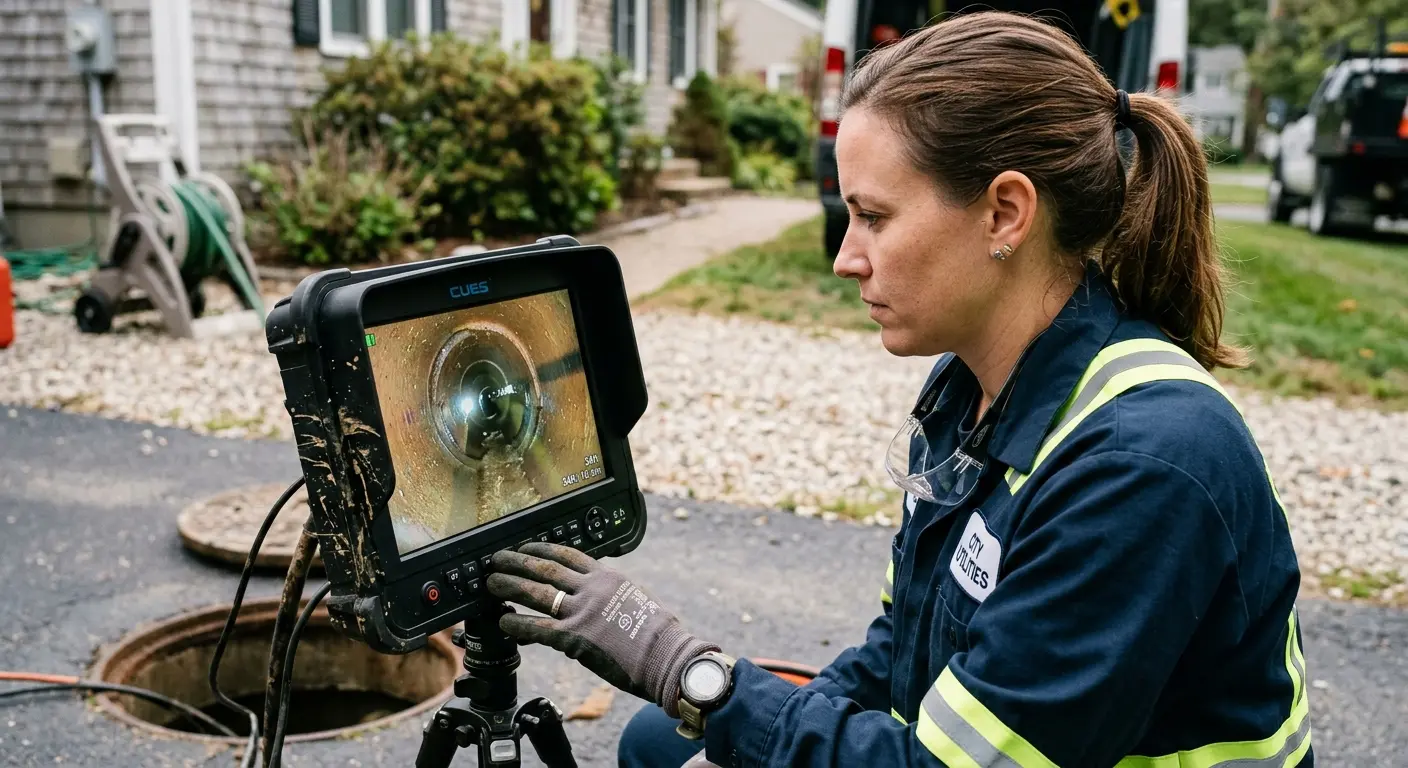 Technician reviewing sewer camera inspection footage in Altamonte Springs