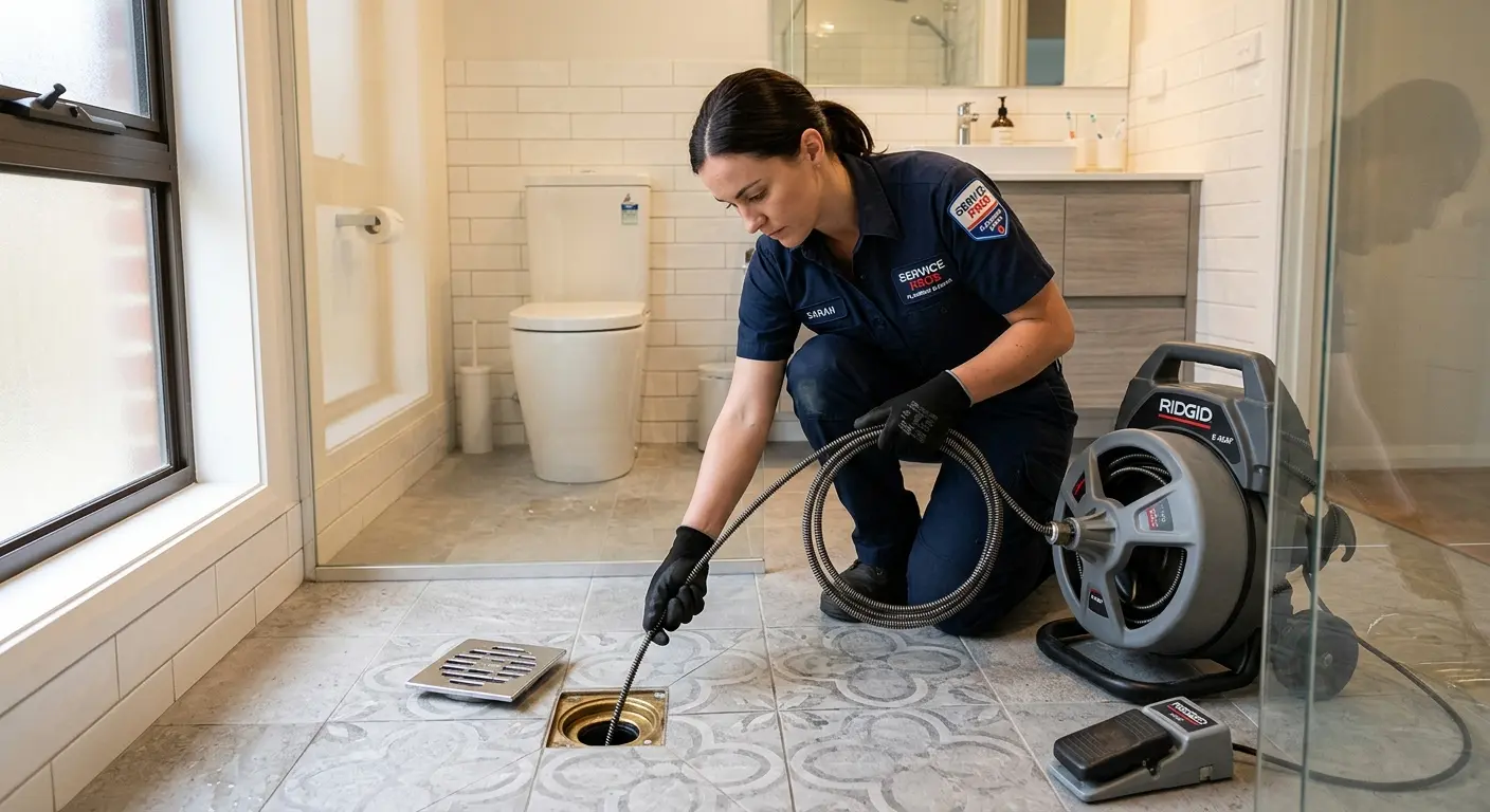 Technician clearing a bathroom floor drain for Clogged Drain Repair in Altamonte Springs